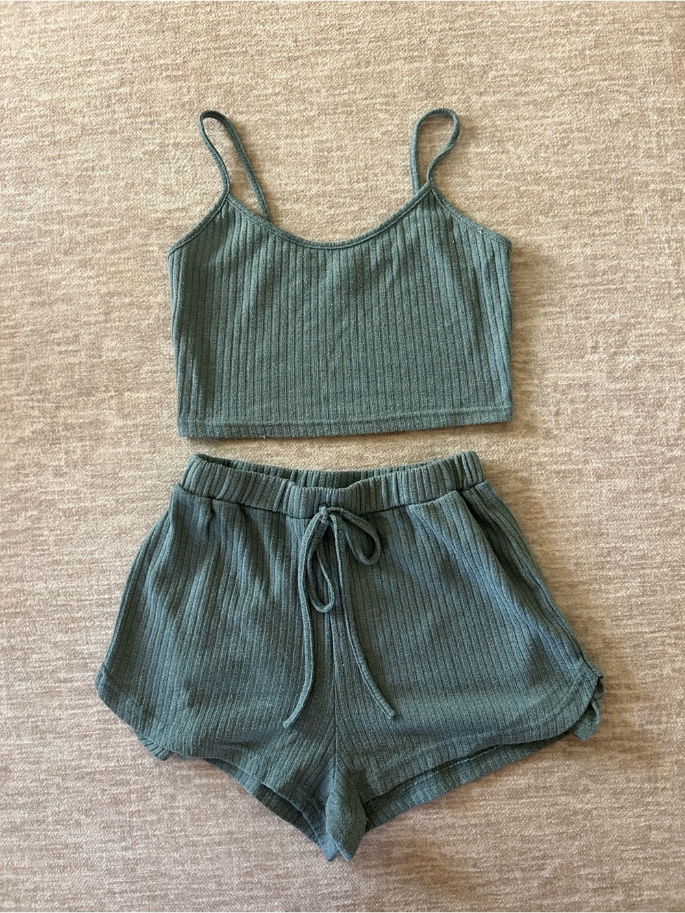SHEIN Ribbed Cami & Drawstring Shorts Set - Sage Green